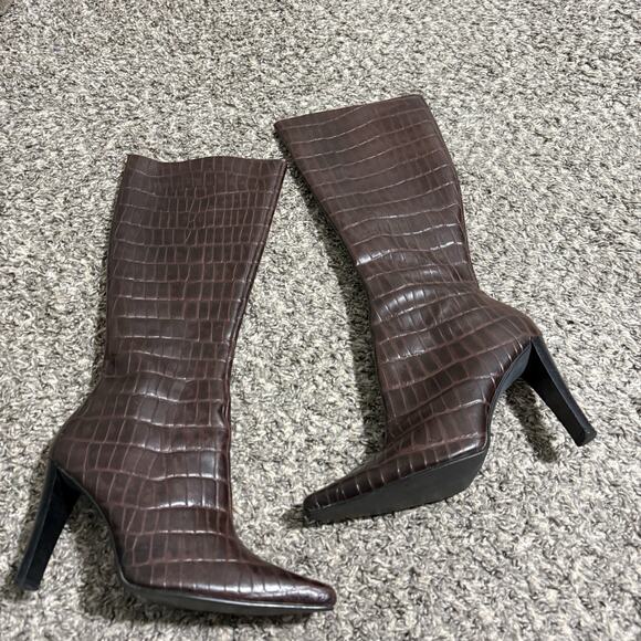 Vintage Leather Knee High Boots Brown Croc Pointed Toe Classic Old Money 7.5 B - Picture 1 of 6